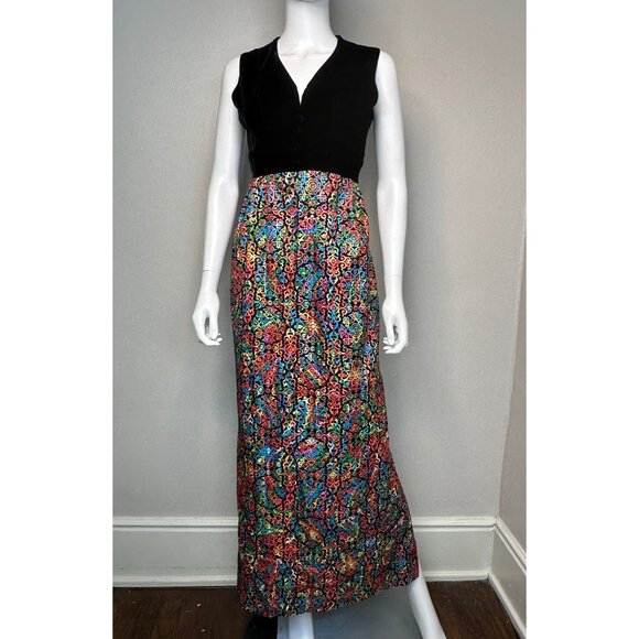 Vintage 1970s Bright Psychedelic Sparkle and Black Velvet Maxi Dress Size S/M - Picture 3 of 4
